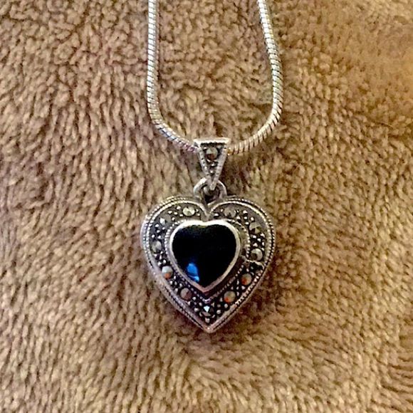 JUDITH JACK Sterling Silver Black Onyx and Marcasite Heart Locket Necklace - Picture 9 of 9